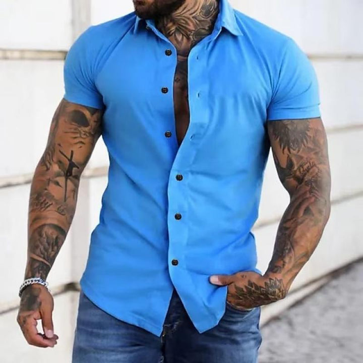 Cole | Herren Kurzarmhemd Slim Fit Einfarbig Kontrastknöpfe