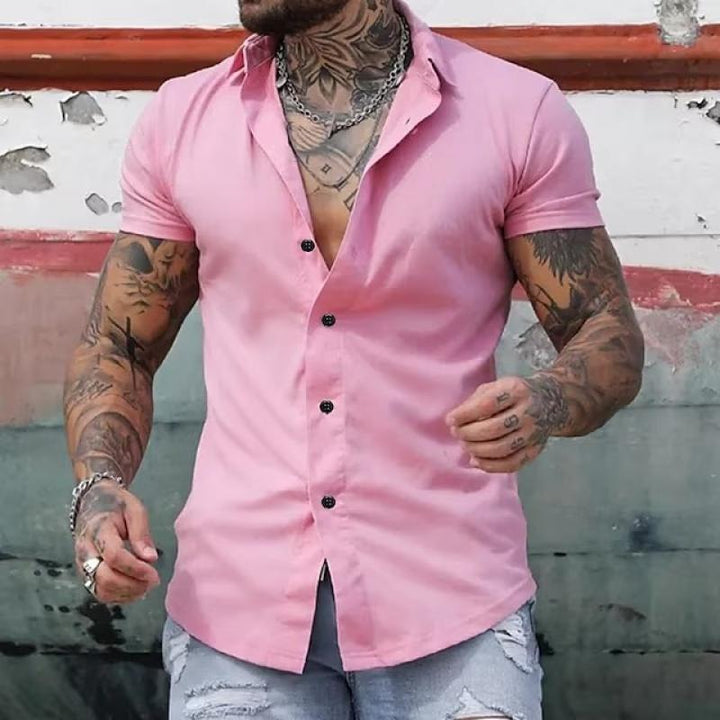 Cole | Herren Kurzarmhemd Slim Fit Einfarbig Kontrastknöpfe