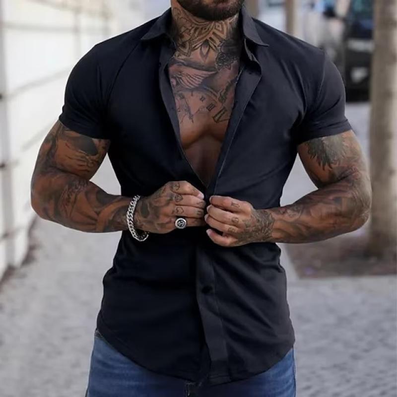 Cole | Herren Kurzarmhemd Slim Fit Einfarbig Kontrastknöpfe