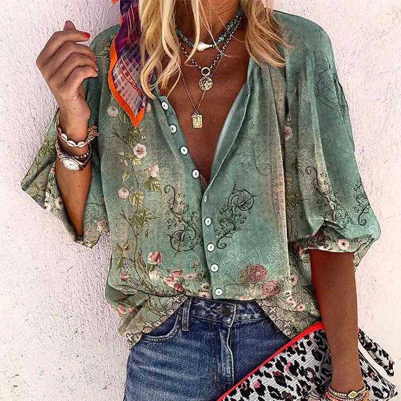 Nadia | Damen Bluse Boho Ornamentmuster V-Ausschnitt Langarm