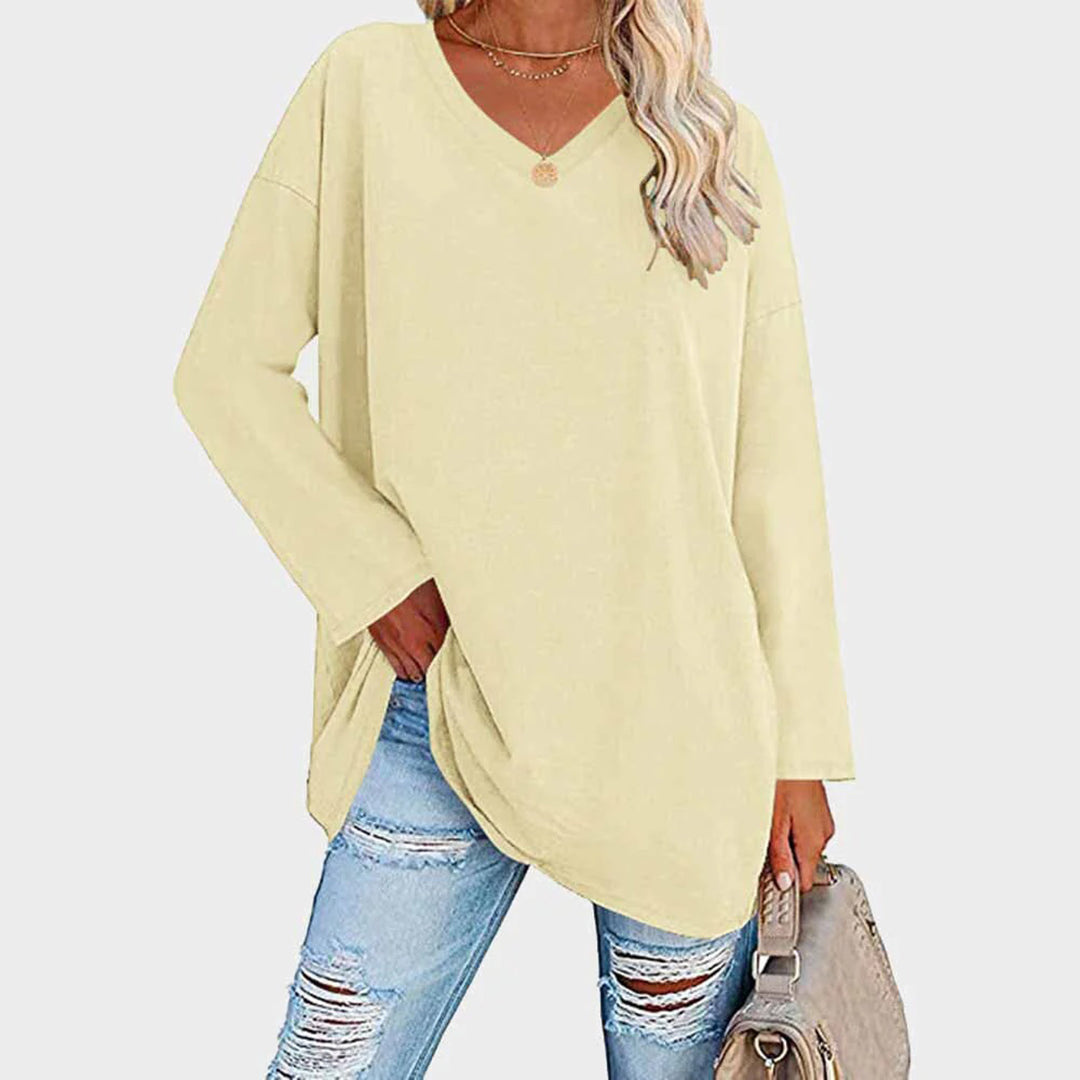 Loree | Damen Longshirt V-Ausschnitt Langarm Übergroß Oberteil
