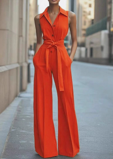 Soleil | Damen Jumpsuit Ärmellos Weites Bein Bindegürtel Elegant