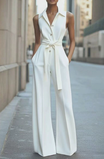 Soleil | Damen Jumpsuit Ärmellos Weites Bein Bindegürtel Elegant