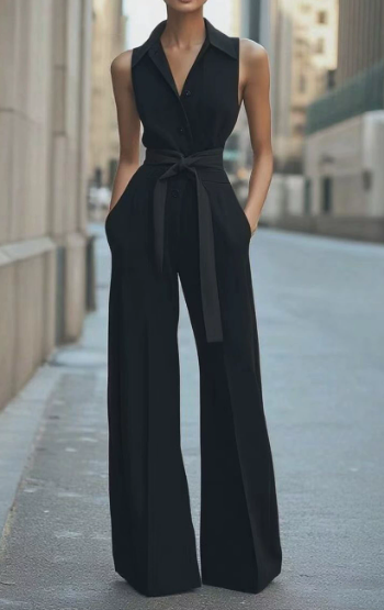 Soleil | Damen Jumpsuit Ärmellos Weites Bein Bindegürtel Elegant