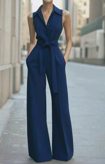 Soleil | Damen Jumpsuit Ärmellos Weites Bein Bindegürtel Elegant