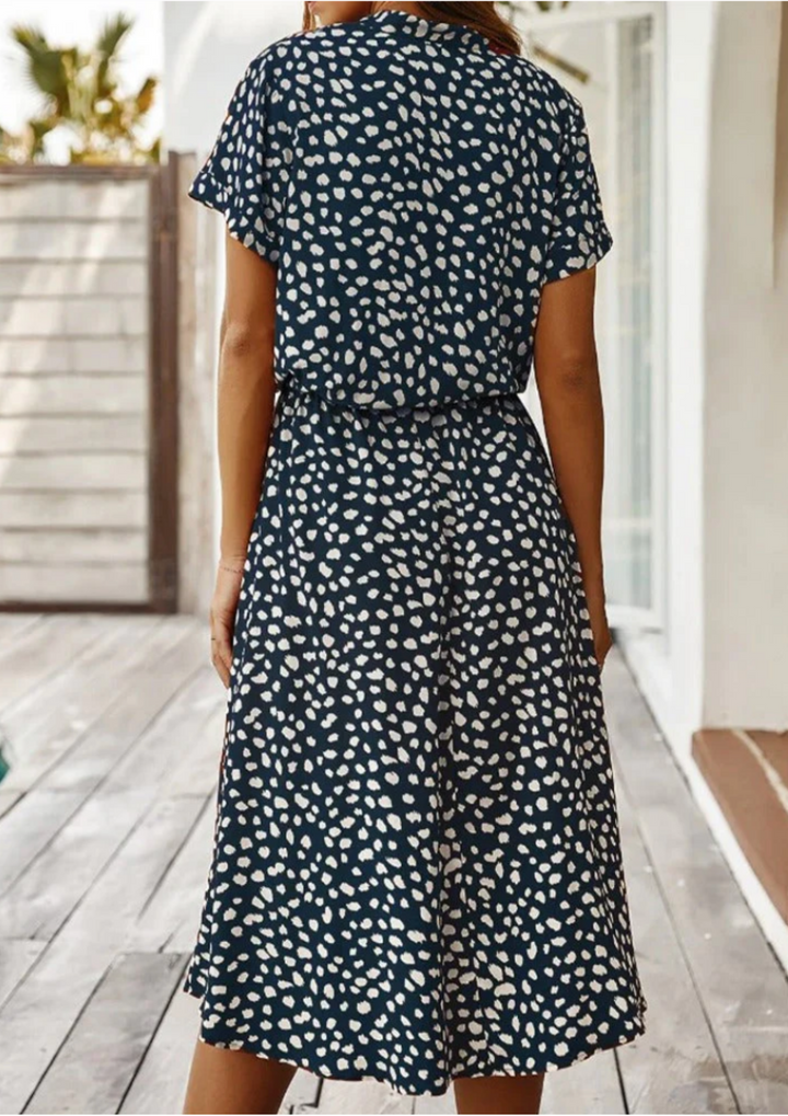 Dalia | Damen Midikleid Gepunktet V-Ausschnitt Kurzarm Bindegürtel