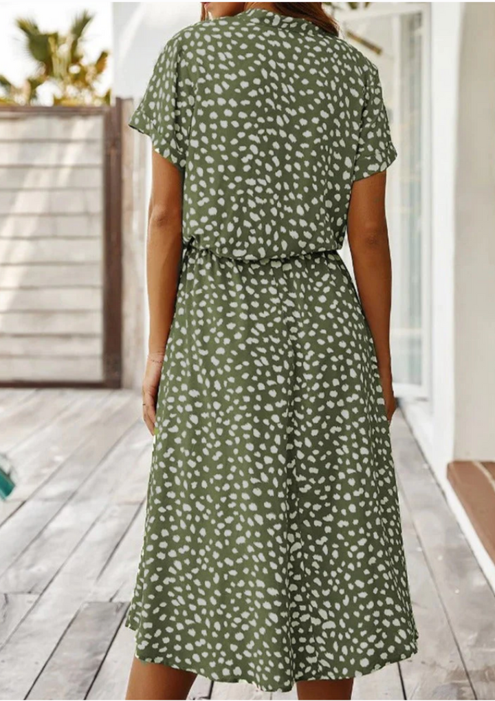 Dalia | Damen Midikleid Gepunktet V-Ausschnitt Kurzarm Bindegürtel