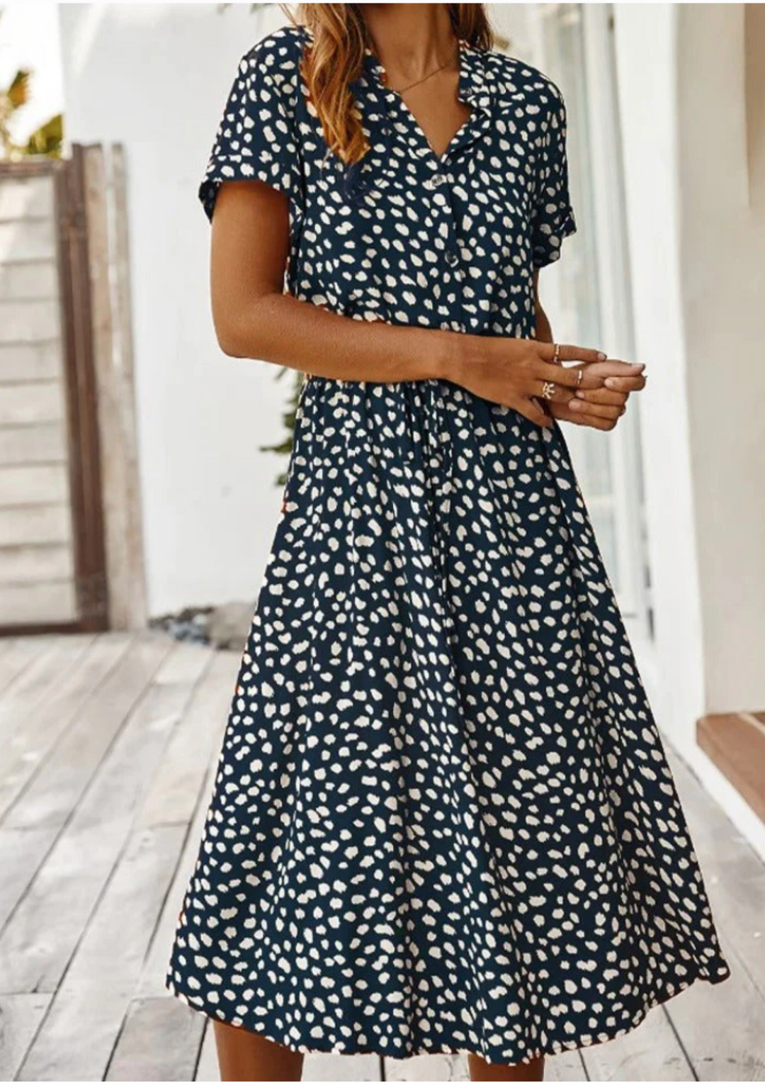 Dalia | Damen Midikleid Gepunktet V-Ausschnitt Kurzarm Bindegürtel