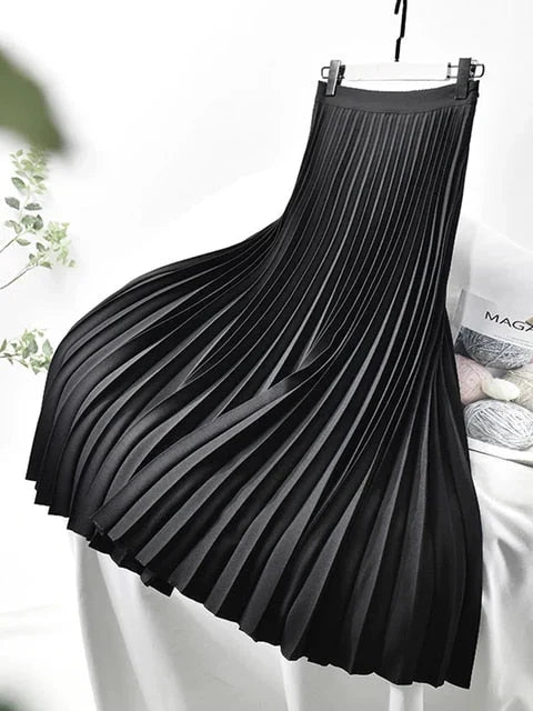 Jolie | Damen Plisseerock Midi Satin-Glanz Elastikbund