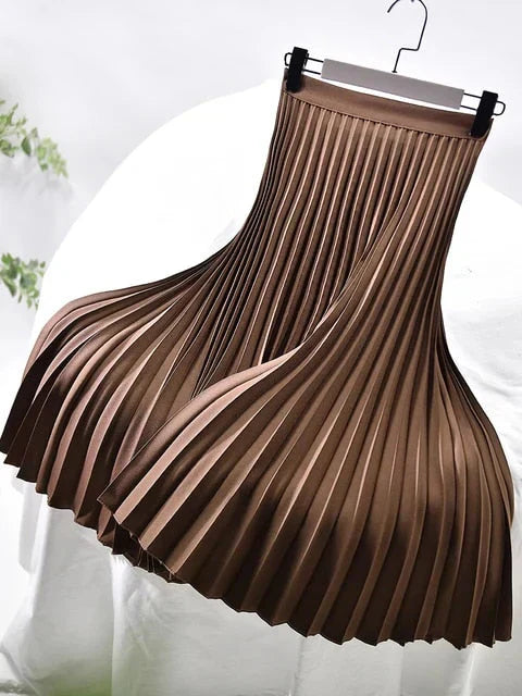 Jolie | Damen Plisseerock Midi Satin-Glanz Elastikbund
