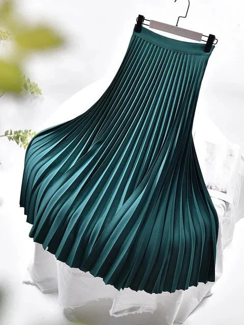 Jolie | Damen Plisseerock Midi Satin-Glanz Elastikbund