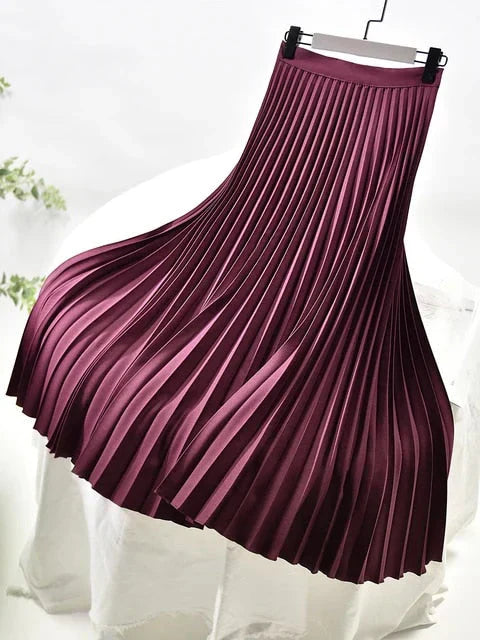 Jolie | Damen Plisseerock Midi Satin-Glanz Elastikbund