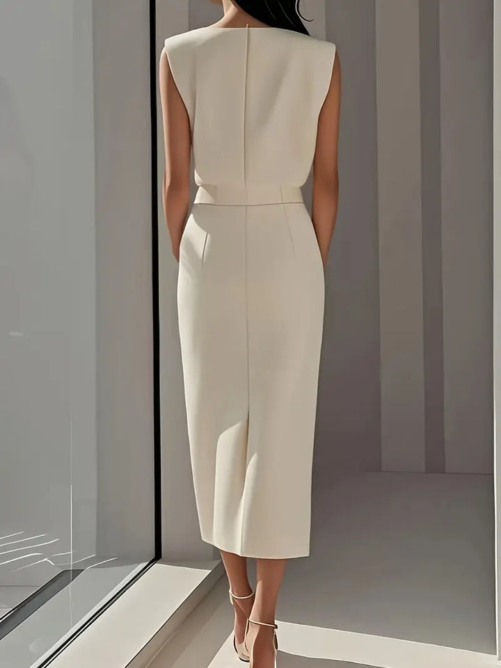 Lena | Damen Midi-Kleid Ärmellos Knopfleiste Seitenschlitz
