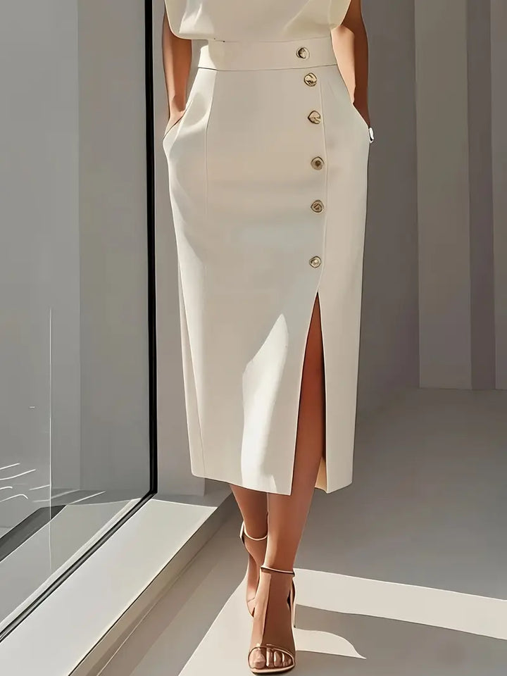 Lena | Damen Midi-Kleid Ärmellos Knopfleiste Seitenschlitz