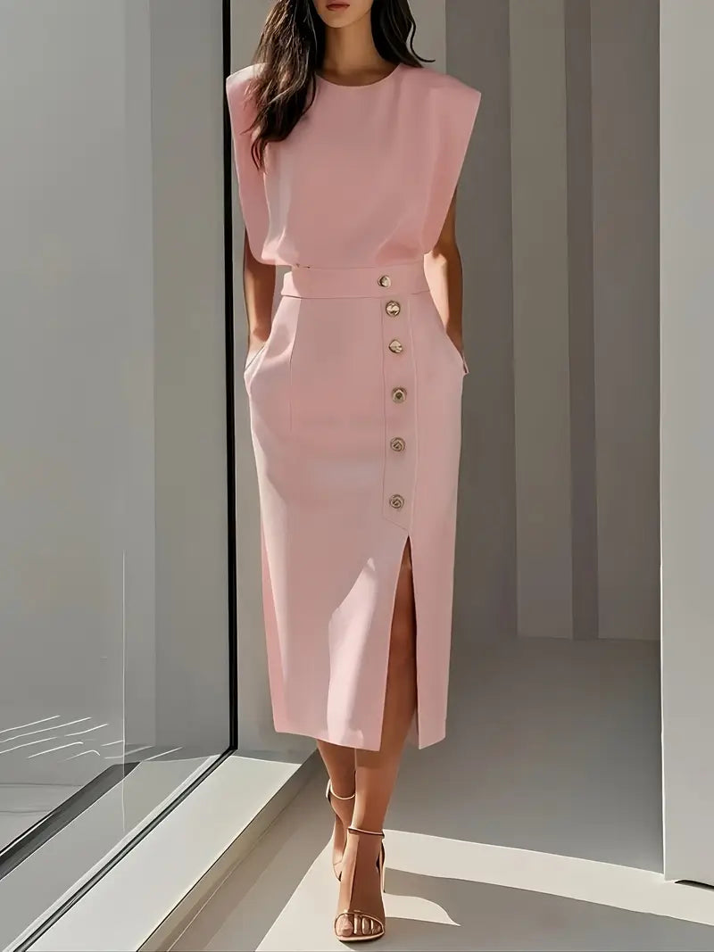 Lena | Damen Midi-Kleid Ärmellos Knopfleiste Seitenschlitz