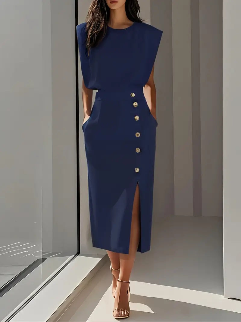 Lena | Damen Midi-Kleid Ärmellos Knopfleiste Seitenschlitz