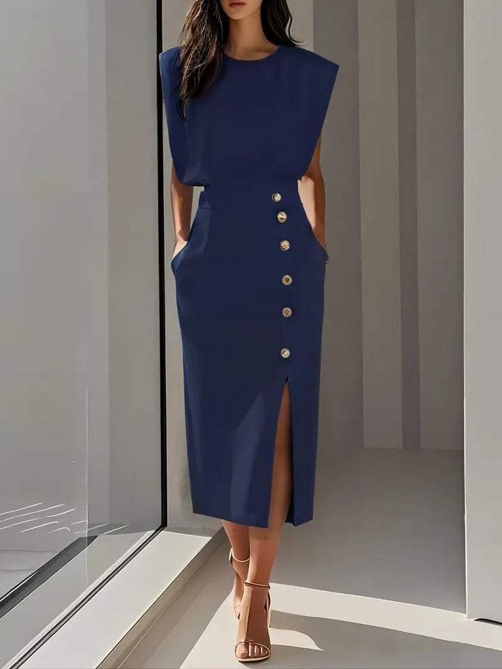 Lena | Damen Midi-Kleid Ärmellos Knopfleiste Seitenschlitz