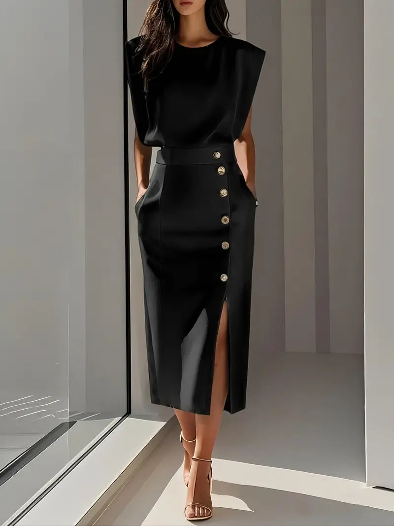 Lena | Damen Midi-Kleid Ärmellos Knopfleiste Seitenschlitz