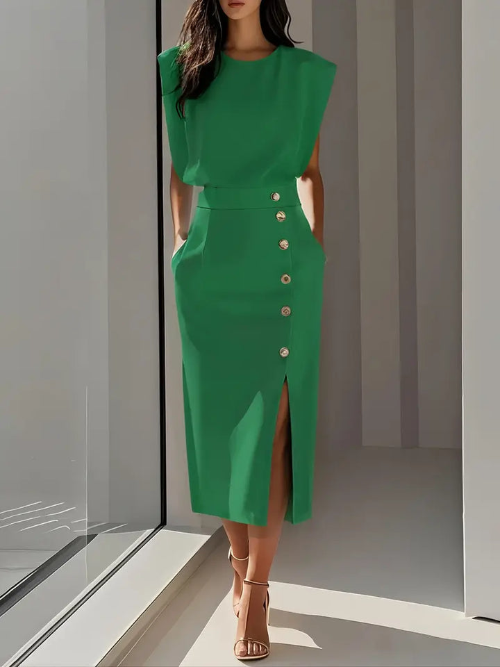 Lena | Damen Midi-Kleid Ärmellos Knopfleiste Seitenschlitz