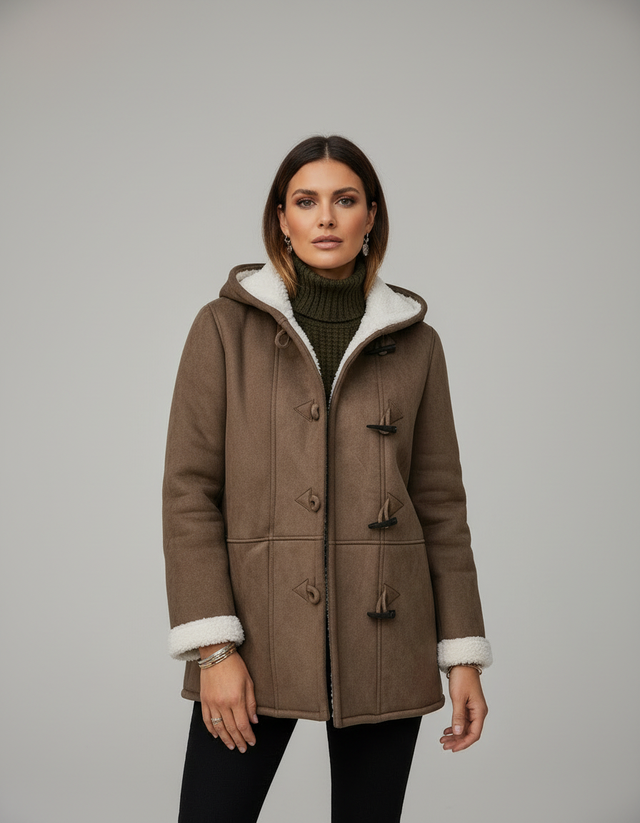 Mila Damen Herbstjacke – Frontansicht am Modell, braune Übergangsjacke mit Kapuze und schlanker Passform