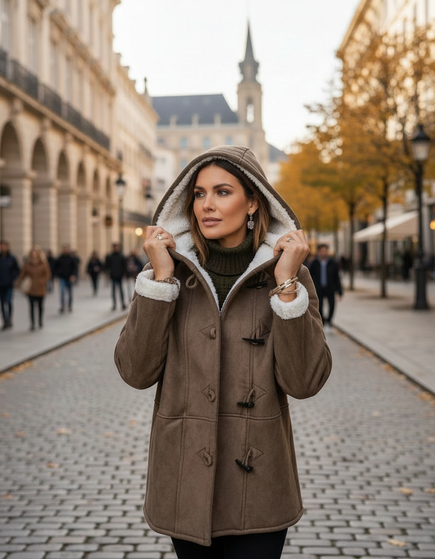 Mila Damen Herbstjacke – Outdoor-Aufnahme am Modell, elegante braune Übergangsjacke mit Kapuze