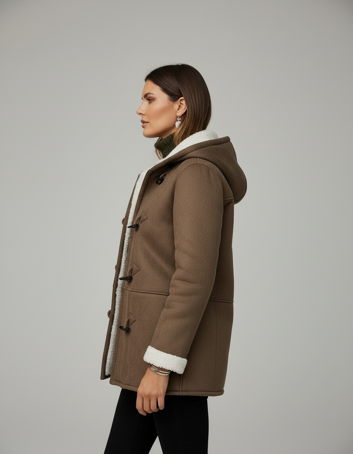 Mila Damen Herbstjacke – Seitenansicht am Modell, elegante braune Übergangsjacke mit Kapuze