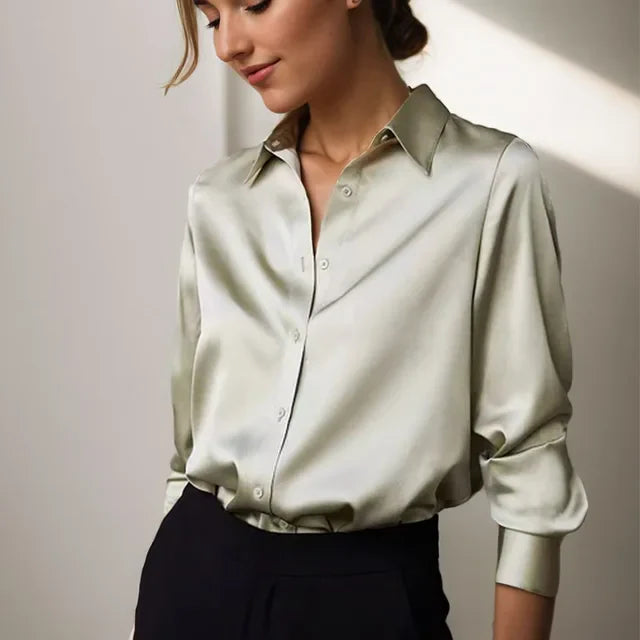 Shanie | Damen Satinbluse Button-Down Hemdkragen Langarm