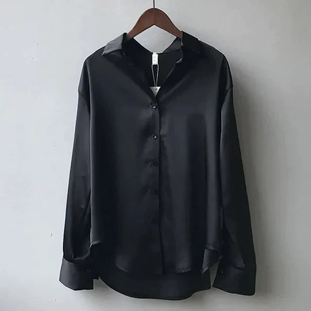 Shanie | Damen Satinbluse Button-Down Hemdkragen Langarm