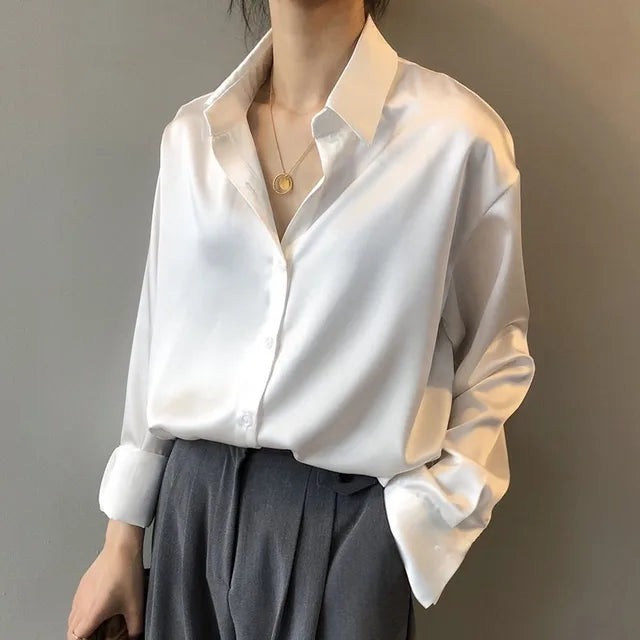 Shanie | Damen Satinbluse Button-Down Hemdkragen Langarm