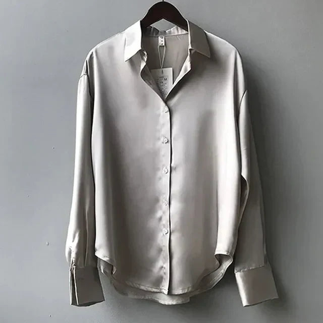Shanie | Damen Satinbluse Button-Down Hemdkragen Langarm