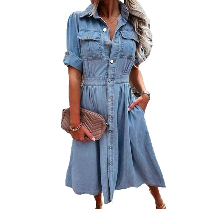 Nadja | Damen Kurzarm Jeanskleid Midi Hemdblusenkleid