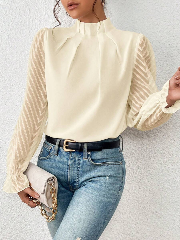 Rosé | Damen Bluse Stehkragen Transparente Ärmel Rüschenmanschette