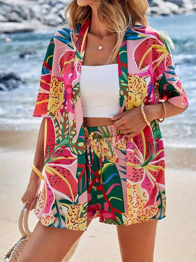 Hana | Damen Kimono-Set Shorts Blumenmuster Sommer