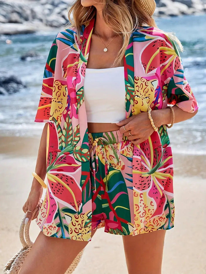 Hana | Damen Kimono-Set Shorts Blumenmuster Sommer