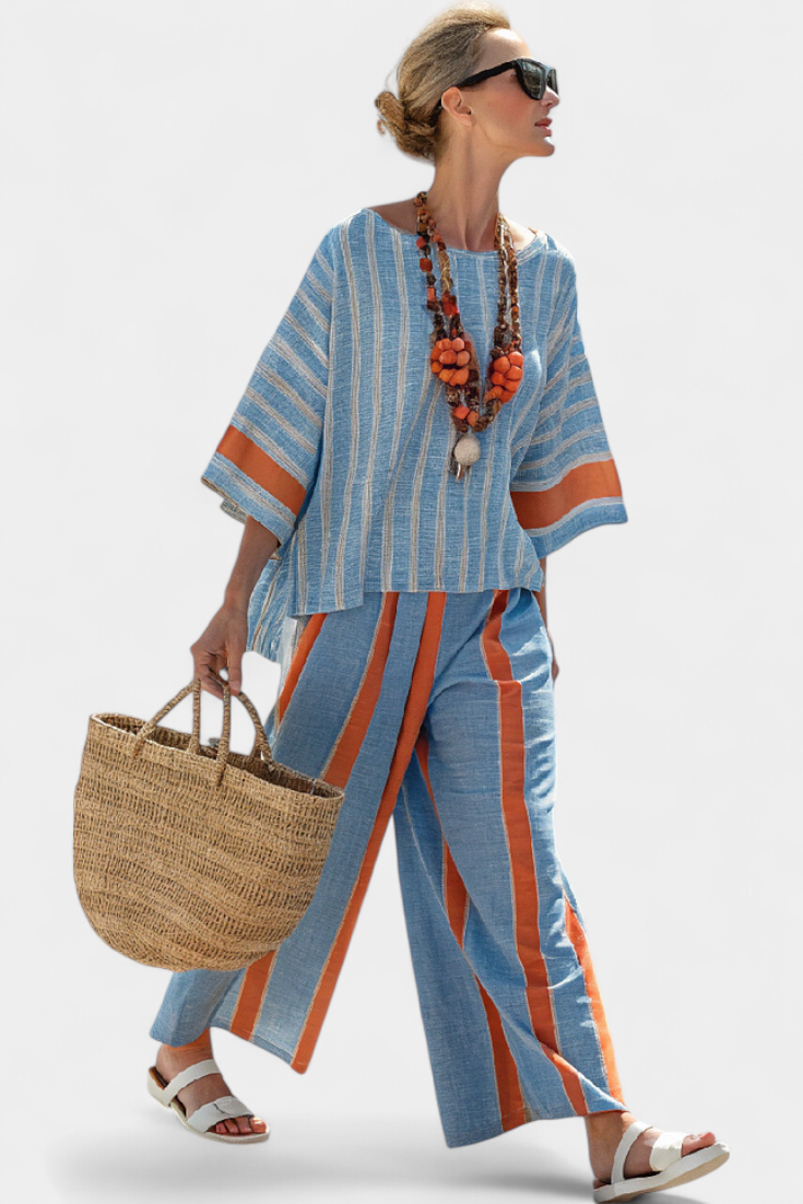 Marina | Damen Set Gestreift Terracotta Weite Hose und Bluse Sommer