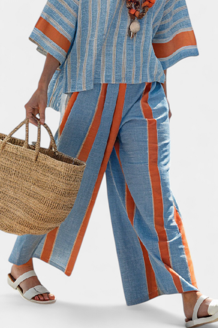 Marina | Damen Set Gestreift Terracotta Weite Hose und Bluse Sommer