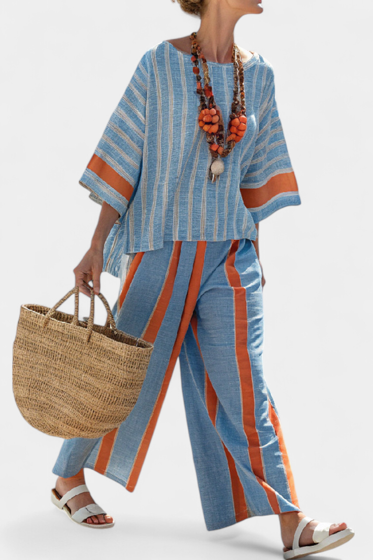Marina | Damen Set Gestreift Terracotta Weite Hose und Bluse Sommer