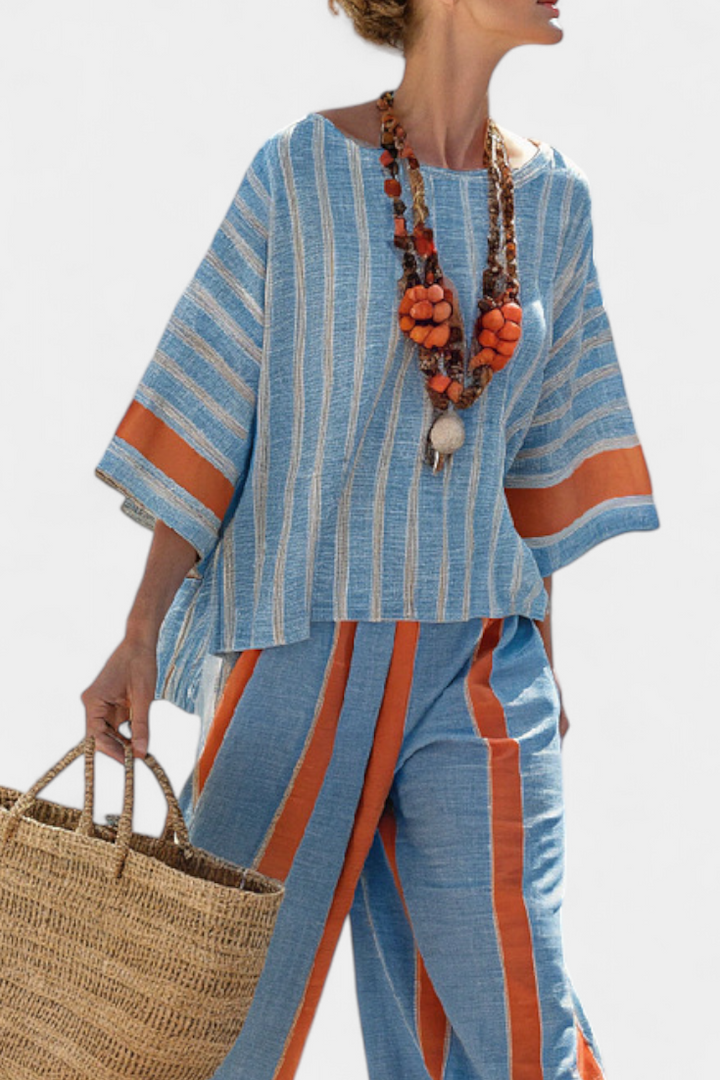Marina | Damen Set Gestreift Terracotta Weite Hose und Bluse Sommer