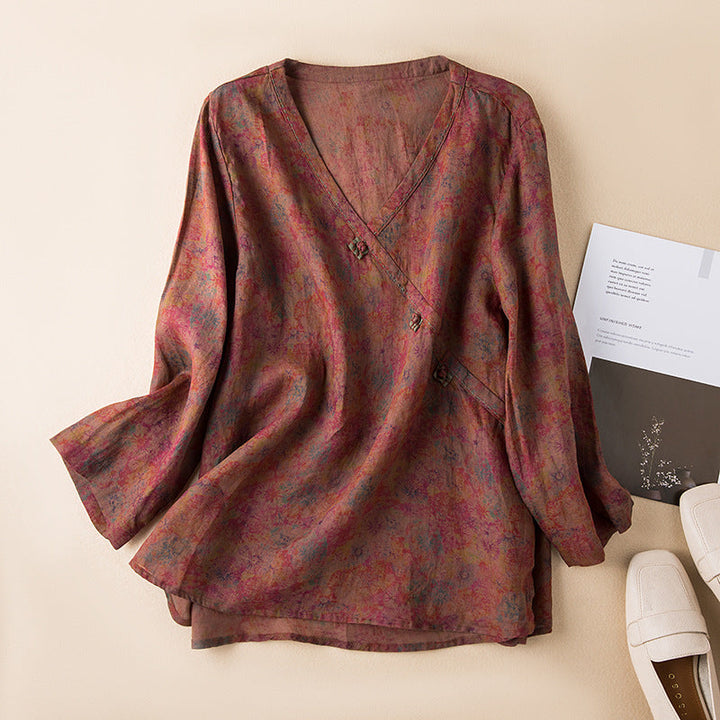 Jema | Damen Bluse Paisley Muster V-Ausschnitt Langarm