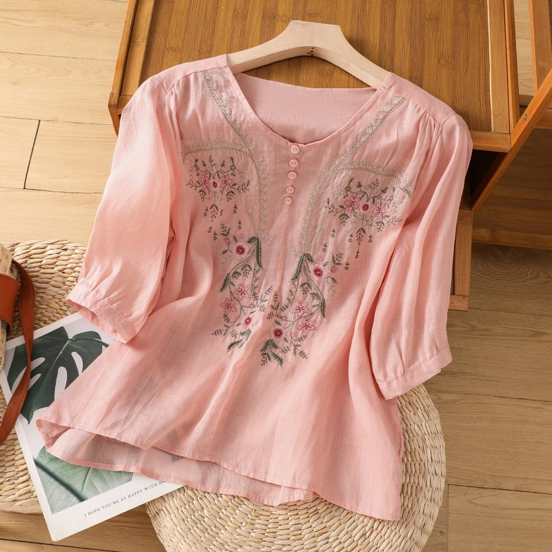 Lia | Damen Bluse 3/4 Arm mit Blumenstickerei V-Ausschnitt