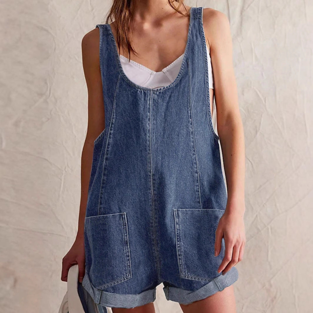 Leni | Damen Jeans-Overall Kurz Ärmellos Weiter Ausschnitt