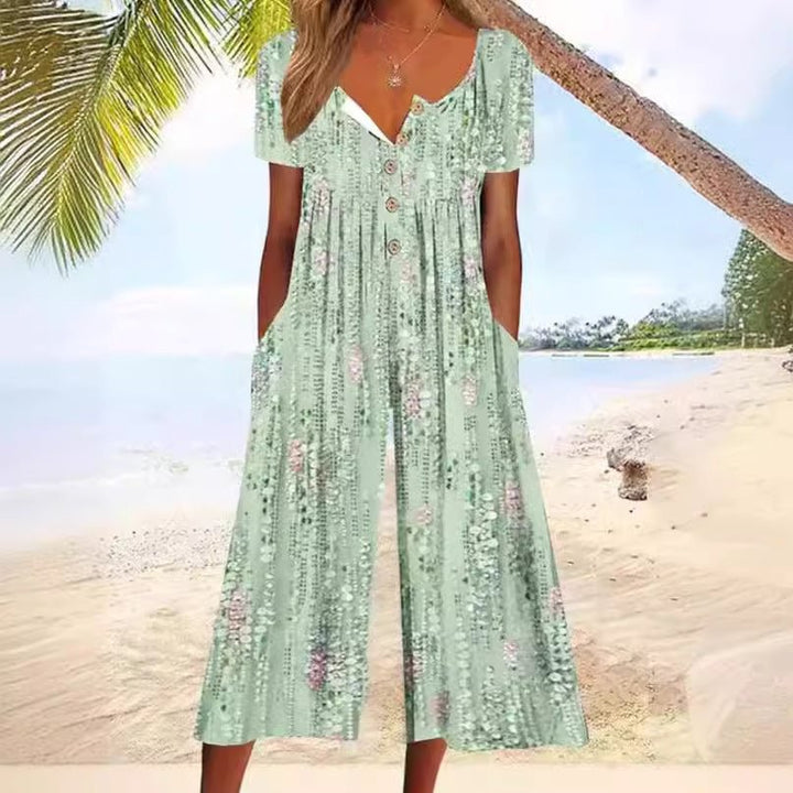 Luvai | Damen Jumpsuit Blätterprint V-Ausschnitt Kurzarm mit Taschen