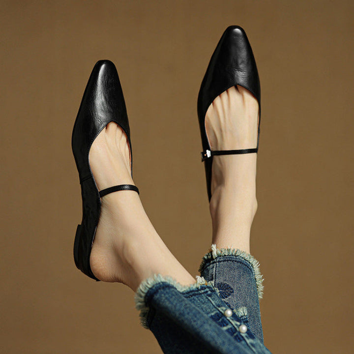 Nora | Damen Leder Mules Spitze Zehenpartie Mary Jane Riemchen Flats