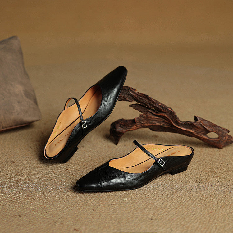 Nora | Damen Leder Mules Spitze Zehenpartie Mary Jane Riemchen Flats