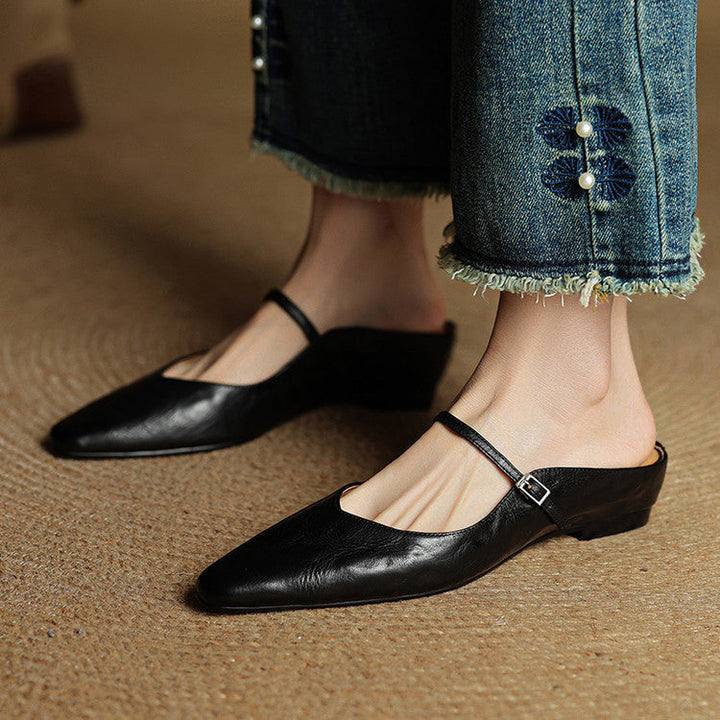 Nora | Damen Leder Mules Spitze Zehenpartie Mary Jane Riemchen Flats