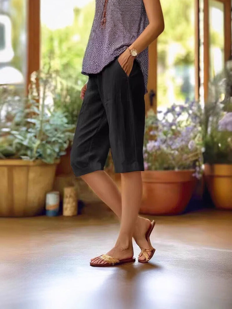 Lina | Damen Leinen-Shorts Elastikbund Bermuda Sommershorts