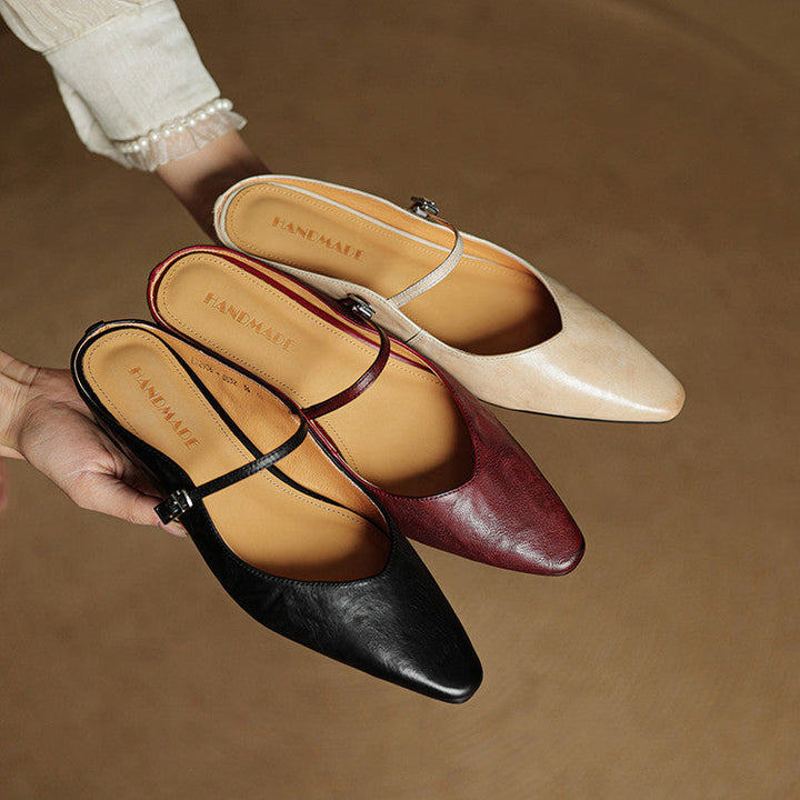 Nora | Damen Leder Mules Spitze Zehenpartie Mary Jane Riemchen Flats
