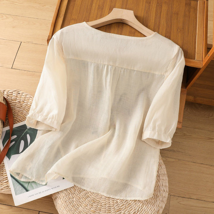 Lia | Damen Bluse 3/4 Arm mit Blumenstickerei V-Ausschnitt