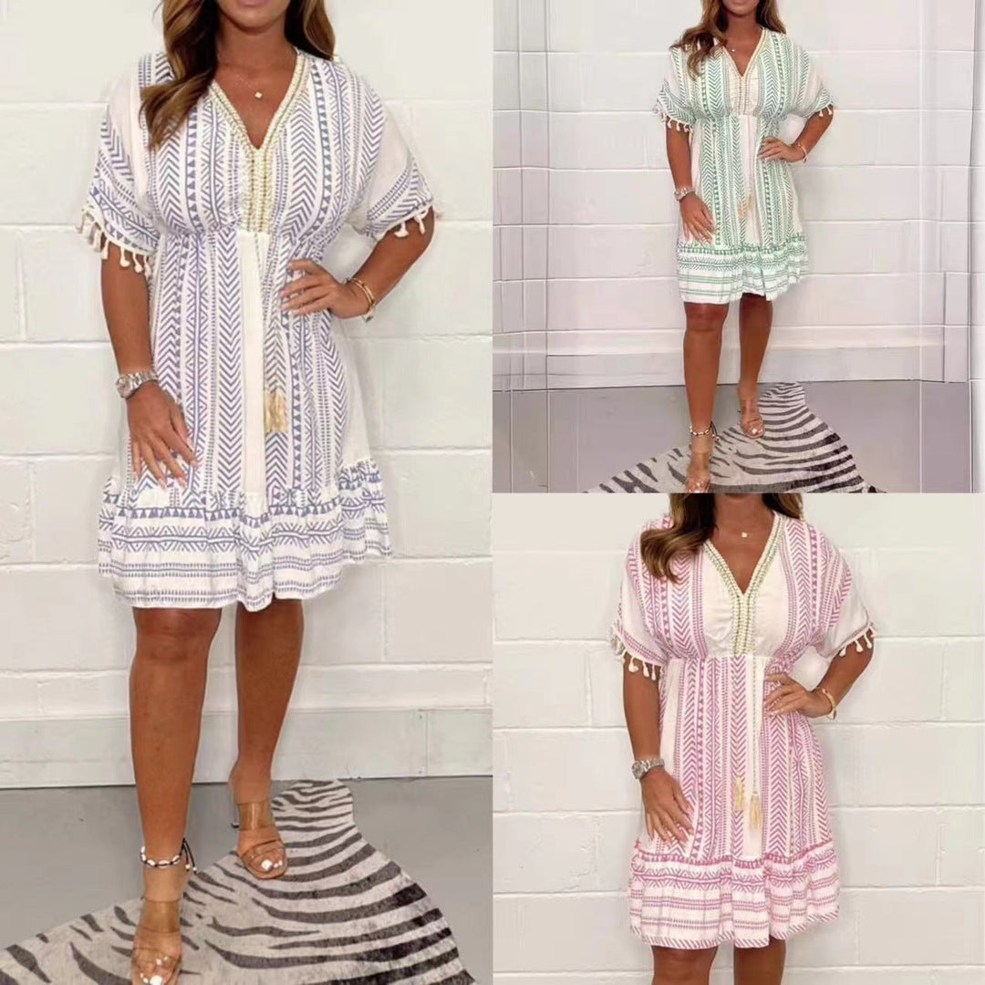 Maya | Damen Boho Kleid V-Ausschnitt Ethno Muster Sommerkleid