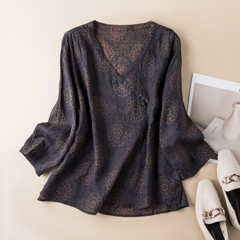 Jema | Damen Bluse Paisley Muster V-Ausschnitt Langarm